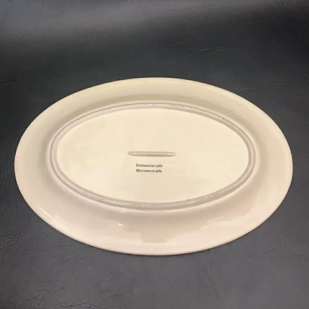 Large Oval 10X15 Inches Serving Platter Ivory Maroon Etching Christmas Valentine